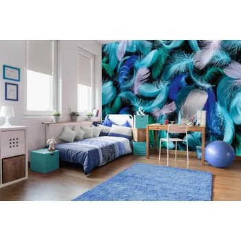 Fototapeta DIMEX | Samolepicí vliesová fototapeta na zeď Modrozelené peří MA-5-2547 | 375 x 250 cm | zelená, modrá, vining-ivy + Samolepicí vliesová fototapeta na stěnu DIMEX Modrozelené peří MA52547 v rozměru 375 x 250 cm