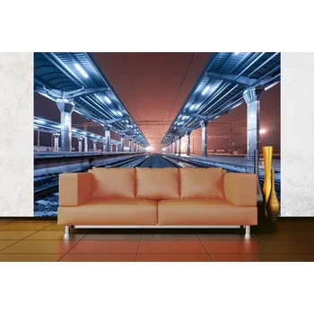 Fototapeta DIMEX | Samolepicí vliesová fototapeta na zeď Vlakové nádraží v noci MA-5-2862 | 375 x 250 cm | žlutá, metalická, šedá + Samolepicí vliesová fototapeta na stěnu DIMEX Vlakové nádraží v noci MA52862 v rozměru 375 x 250 cm