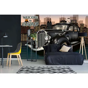 Fototapeta DIMEX | Samolepicí vliesová fototapeta na zeď Chicago retro plakát MA-5-2175 | 375 x 250 cm | bílá, černá, žlutá, metalická + Samolepicí vliesová fototapeta na stěnu DIMEX Chicago retro plakát MA52175 v rozměru 375 x 250 cm