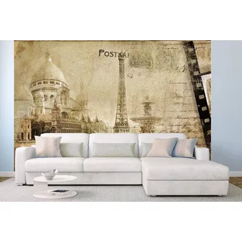 Fototapeta DIMEX | Samolepicí vliesová fototapeta na zeď Retro pařížská pohlednice MA-5-2132 | 375 x 250 cm | béžová, černá, hnědá + Samolepicí vliesová fototapeta na stěnu DIMEX Retro pařížská pohlednice MA52132 v rozměru 375 x 250 cm