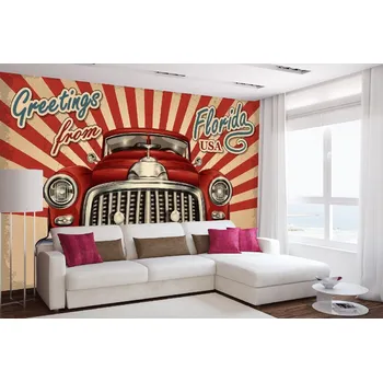 Fototapeta DIMEX | Samolepicí vliesová fototapeta na zeď Cedule - Retro auto MA-5-2221 | 375 x 250 cm | modrá, červená, béžová, metalická + Samolepicí vliesová fototapeta na stěnu DIMEX Cedule - Retro auto MA52221 v rozměru 375 x 250 cm