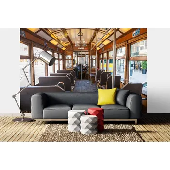 Fototapeta DIMEX | Samolepicí vliesová fototapeta na zeď Interiér staré tramvaje MA-5-2883 | 375 x 250 cm | žlutá, hnědá, šedá + Samolepicí vliesová fototapeta na stěnu DIMEX Interiér staré tramvaje MA52883 v rozměru 375 x 250 cm