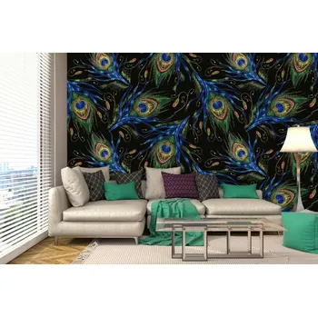 Fototapeta DIMEX | Samolepicí vliesová fototapeta na zeď Vyšívaná paví péra MA-5-2499 | 375 x 250 cm | zelená, modrá, zlatá, černá, růžová + Samolepicí vliesová fototapeta na stěnu DIMEX Vyšívaná paví péra MA52499 v rozměru 375 x 250 cm