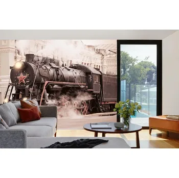 Fototapeta DIMEX | Samolepicí vliesová fototapeta na zeď Retro parní vlak MA-5-2906 | 375 x 250 cm | červená, bílá, černá + Samolepicí vliesová fototapeta na stěnu DIMEX Retro parní vlak MA52906 v rozměru 375 x 250 cm