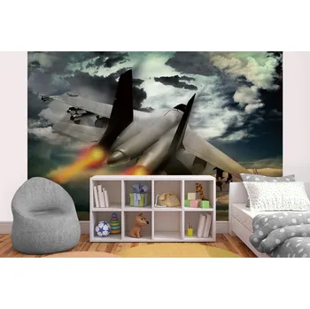 Fototapeta DIMEX | Samolepicí vliesová fototapeta na zeď Stíhačka v letu MA-5-2844 | 375 x 250 cm | modrá, oranžová, šedá + Samolepicí vliesová fototapeta na stěnu DIMEX Stíhačka v letu MA52844 v rozměru 375 x 250 cm