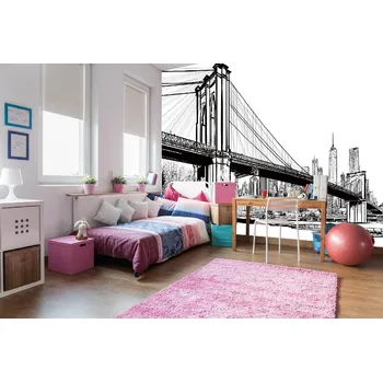 Fototapeta DIMEX | Samolepicí vliesová fototapeta na zeď Ilustrace Brooklyn Bridge MA-5-2965 | 375 x 250 cm | bílá, černá + Samolepicí vliesová fototapeta na stěnu DIMEX Ilustrace Brooklyn Bridge MA52965 v rozměru 375 x 250 cm