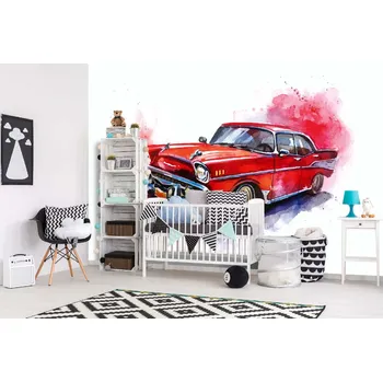 Fototapeta DIMEX | Samolepicí vliesová fototapeta na zeď Ilustrované červené auto MA-5-2176 | 375 x 250 cm | červená, bílá, metalická + Samolepicí vliesová fototapeta na stěnu DIMEX Ilustrované červené auto MA52176 v rozměru 375 x 250 cm