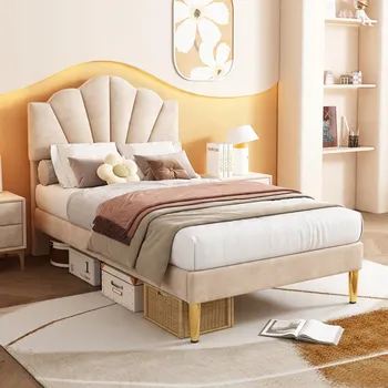 Postel Čalouněná postel sametová 90*200 cm Nastavitelná čelo béžová