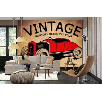 Fototapeta DIMEX | Samolepicí vliesová fototapeta na zeď Vintage automobilový plakát MA-5-2211 | 375 x 250 cm | červená, černá, hnědá + Samolepicí vliesová fototapeta na stěnu DIMEX Vintage automobilový plakát MA52211 v rozměru 375 x 250 cm