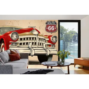 Fototapeta DIMEX | Samolepicí vliesová fototapeta na zeď Retro plakát - automobil MA-5-2147 | 375 x 250 cm | červená, bílá, černá, šedá + Samolepicí vliesová fototapeta na stěnu DIMEX Retro plakát - automobil MA52147 v rozměru 375 x 250 cm