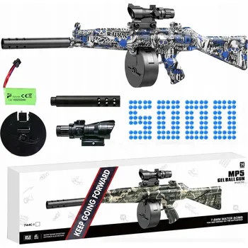 Dětská zbraň PUŠKA NA GELOVÉ KULIČKY AUTOMAT MP5 MODRÁ, ZAMĚŘOVAČ, HLAVEŇ + 5 000 KULIČEK