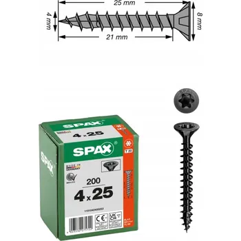 Vrut Vruty do dřeva SPAX 4x25 zápustná hlava T20 černé 200 ks