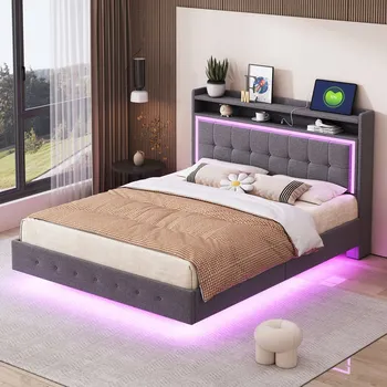 Postel Čalouněná postel Arhatreya 140x200 cm šedá s USB a LED osvětlením