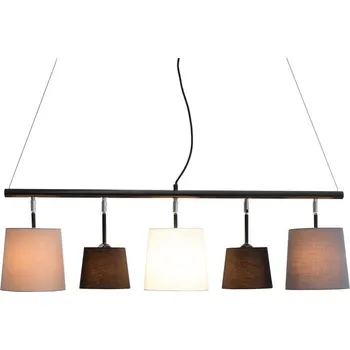 Moderní lustr Levels s pěti kulatými látkovými stínítky v odstínech bílé černé a šedé na kovové tyči 100 cm