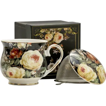 Porcelánový hrnek na sypaný čaj se sítkem a pokličkou RŮŽE černý 480 ml