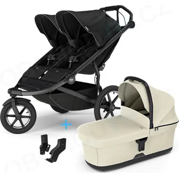 Kočárek Thule Urban Glide 3 Double Black s magnetickou sponou + korbička Soft beige + adaptéry