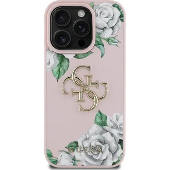 Pouzdro na mobilní telefon Zadní kryt Guess PU Grained Roses 4G Metal Logo pro Apple iPhone 16 Pro, růžová