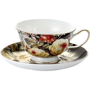 Porcelánový šálek na kávu a čaj s podšálkem krémový RŮŽE černý 200 ml