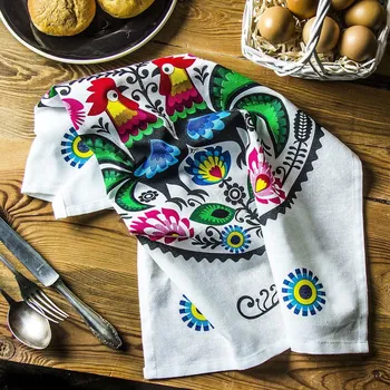 Utěrka Bavlněná kuchyňská utěrka JEDEKA ŁOWICKÉ KOHOUTY BÍLÁ 50,5 x 65 cm