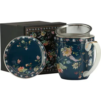 Porcelánový hrnek na sypaný čaj se sítkem a pokličkou KVĚTINY modrý 400 ml