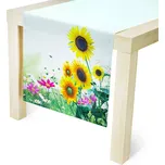 Polyesterový běhoun na stůl odolný proti skvrnám JEDEKA MILANO SUNFLOWERS zelený 40 x 140 cm