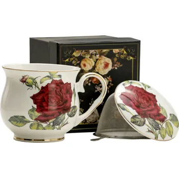 Porcelánový hrnek s vařečkou a víčkem RED ROSE WHITE 480 ml