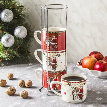 Porcelánové vánoční hrnky na stojanu MAGIC CHRISTMAS SNOW BÍLO-ČERVENÉ 330 ml 4 ks