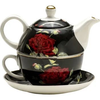 Konvice na čaj Porcelánová konvice na čaj a kávu s podšálkem RED ROSE BLACK 0,45 l