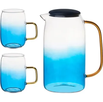 Skleněný džbán na vodu s víkem a sklenicemi STARKE PRO ARUBE modrý 1,5 l