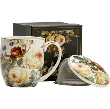 Porcelánový hrnek na sypaný čaj se sítkem a pokličkou RŮŽE bílý 420 ml