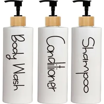 Dávkovač mýdla Sada 3 ks černých a bílých dávkovačů 500 ml na sprchový gel šampon a kondicionér Plastové lahve s pumpičkou Víčko v dřevěném vzhledu bílá