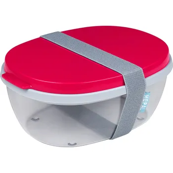 Svačinový box MEPAL Ellipse Saladbox Nordic Red 1,9 l červený - dvoukomorový plastový lunch box s nádobou na omáčku