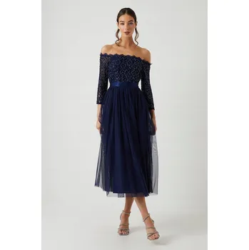 Dámské šaty COAST TMAVĚ MODRÁ ŠATY MIDI PÁSEK (36)