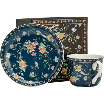 Porcelánový šálek na kávu a čaj s podšálkem ŁĄKOWE KVĚTINY modrý 400 ml