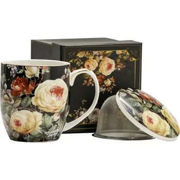 Porcelánový hrnek na sypaný čaj se sítkem a pokličkou RŮŽE černý 420 ml