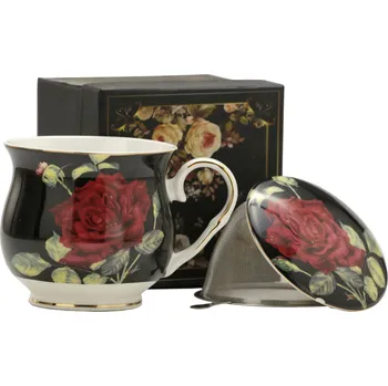 Porcelánový hrnek na sypaný čaj se sítkem a pokličkou CZERWONA RŮŽE černý 480 ml