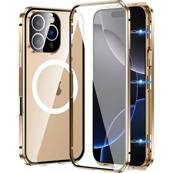 Pouzdro na mobilní telefon Kryt pro Apple iPhone 16 Pro - 360° ochrana - podp. MagSafe - kovový / skleněný - zlatý