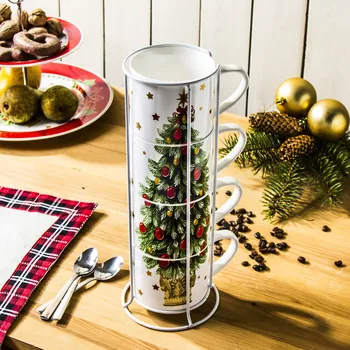 Porcelánové vánoční hrnky na stojanu MERRY CHRISTMAS BÍLÉ 350 ml 4 ks