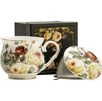 Porcelánový hrnek na sypaný čaj se sítkem a pokličkou RŮŽE bílý 480 ml