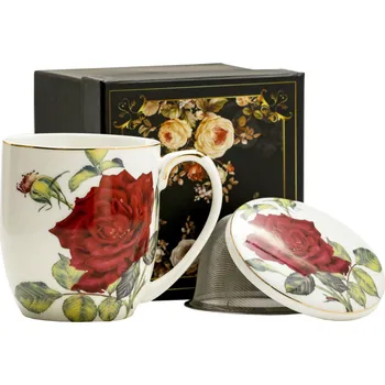 Porcelánový hrnek na sypaný čaj se sítkem a pokličkou CZERWONA RŮŽE bílý 420 ml