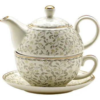 Konvice na čaj Porcelánová konvice na čaj a kávu s šálkem a podšálkem ENGLISH COLLECTION FLOWERS bílá 0,45 l