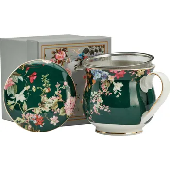 Porcelánový hrnek na sypaný čaj se sítkem a pokličkou KVĚTINY II tyrkysový 480 ml