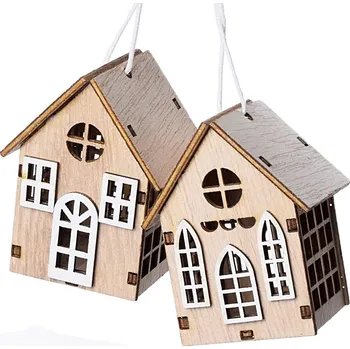 Vánoční dekorace Domeček dřevo 2ks 6cm závěs naturál