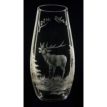 Sklenice křišťálová váza 20cm s motivem jelena - ručně ryté (broušené), dárek pro myslivce