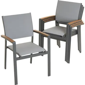 4x venkovní křeslo ke stolu hliníkové + umělá textilie + dřevěné područky, antracit