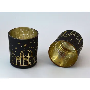 Svícen Klia Sklenička - svícen ČERNOZLATÝ s domky Černá