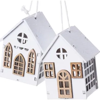Vánoční dekorace Domeček dřevo 2ks 6cm závěs bílý