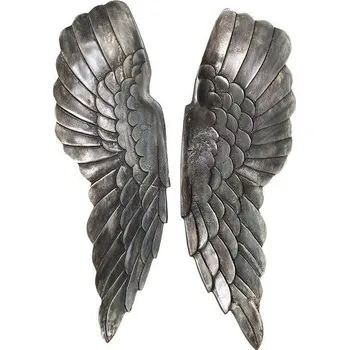 Vintage nástěnná dekorace Angel Wings z kovu ve stříbrné patinované barvě s detailním reliéfem rtů 65 cm