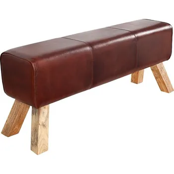 Zahradní lavice Venkovská dvoumístná lavice Bock s potahem z pravé červenohnědé kůže a dřevěnými nožičkami v hranatém tvaru 120 cm
