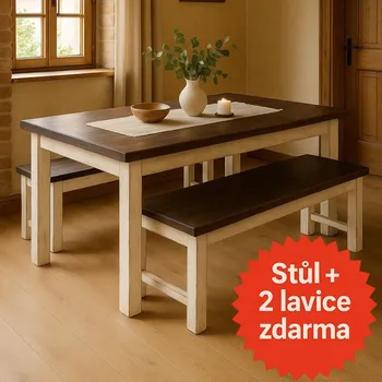 Jídelní set Stará Krása – Ruční výroba Provence jídelní set s dvěma lavicemi zdarma 76 x 230 x 110 + 2x lavice 230